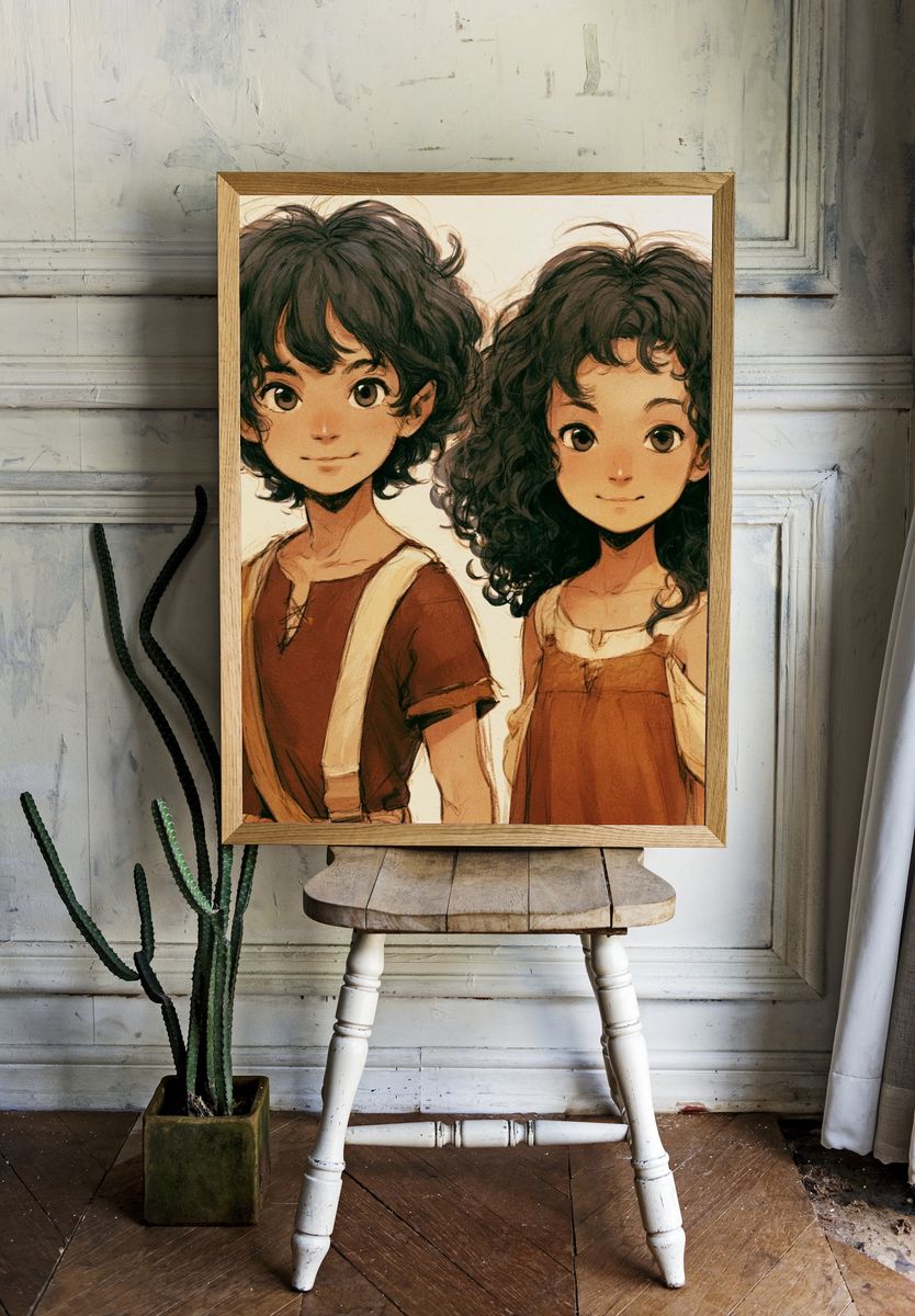 Curly-Haired Siblings Anime Print. — room view 1