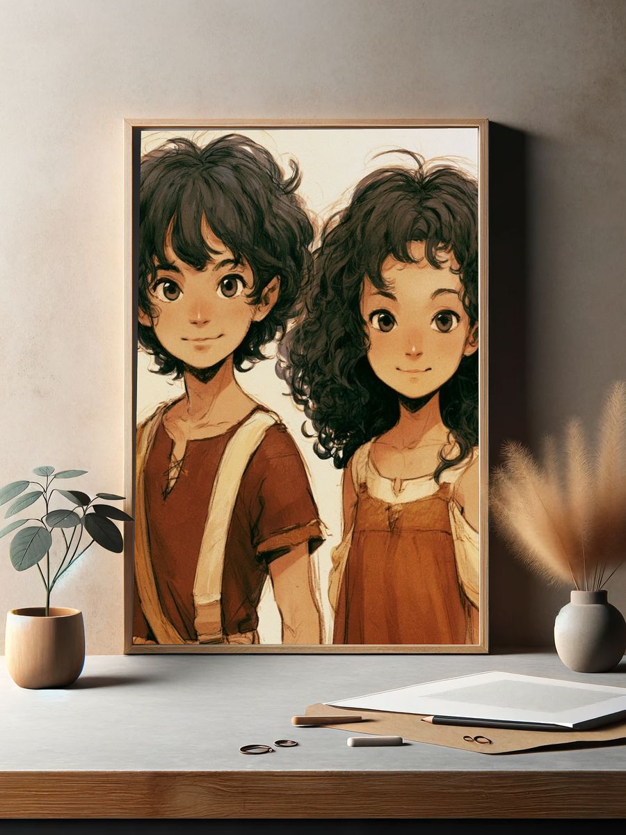 Curly-Haired Siblings Anime Print. — room view 2