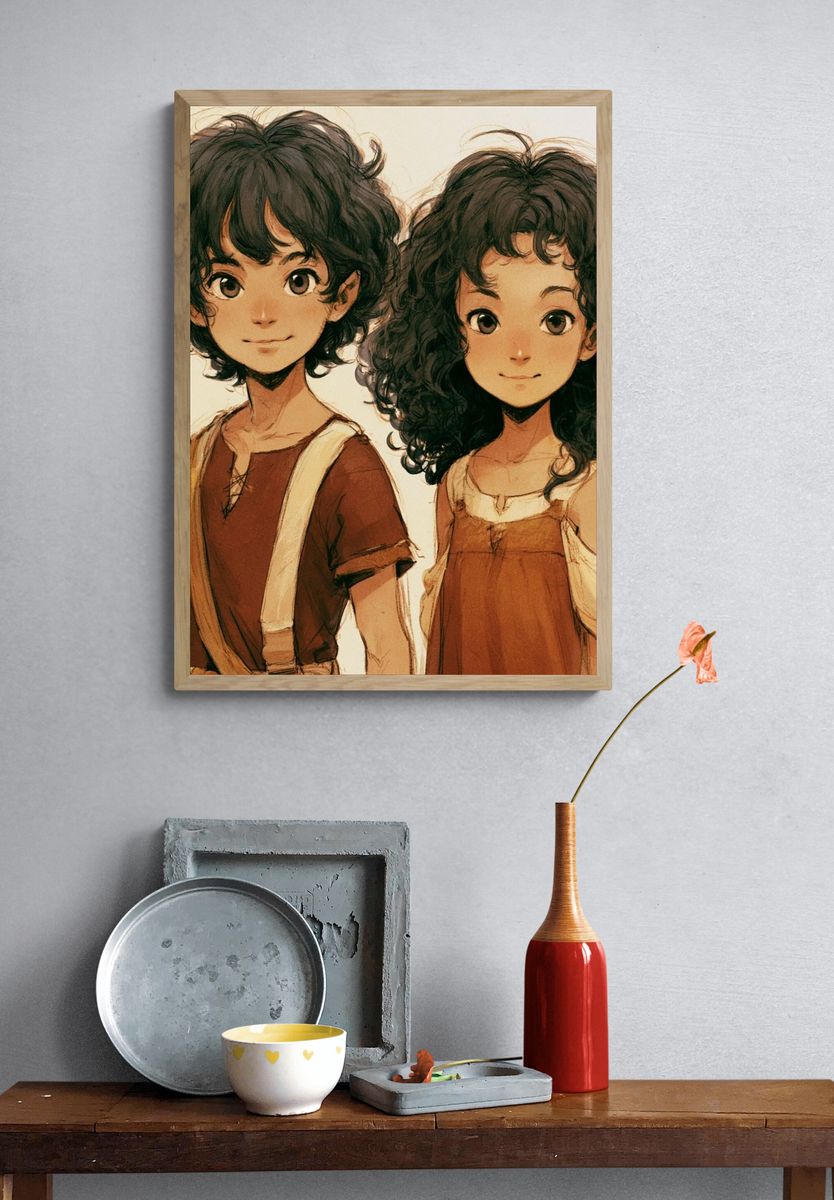 Curly-Haired Siblings Anime Print. — room view 3