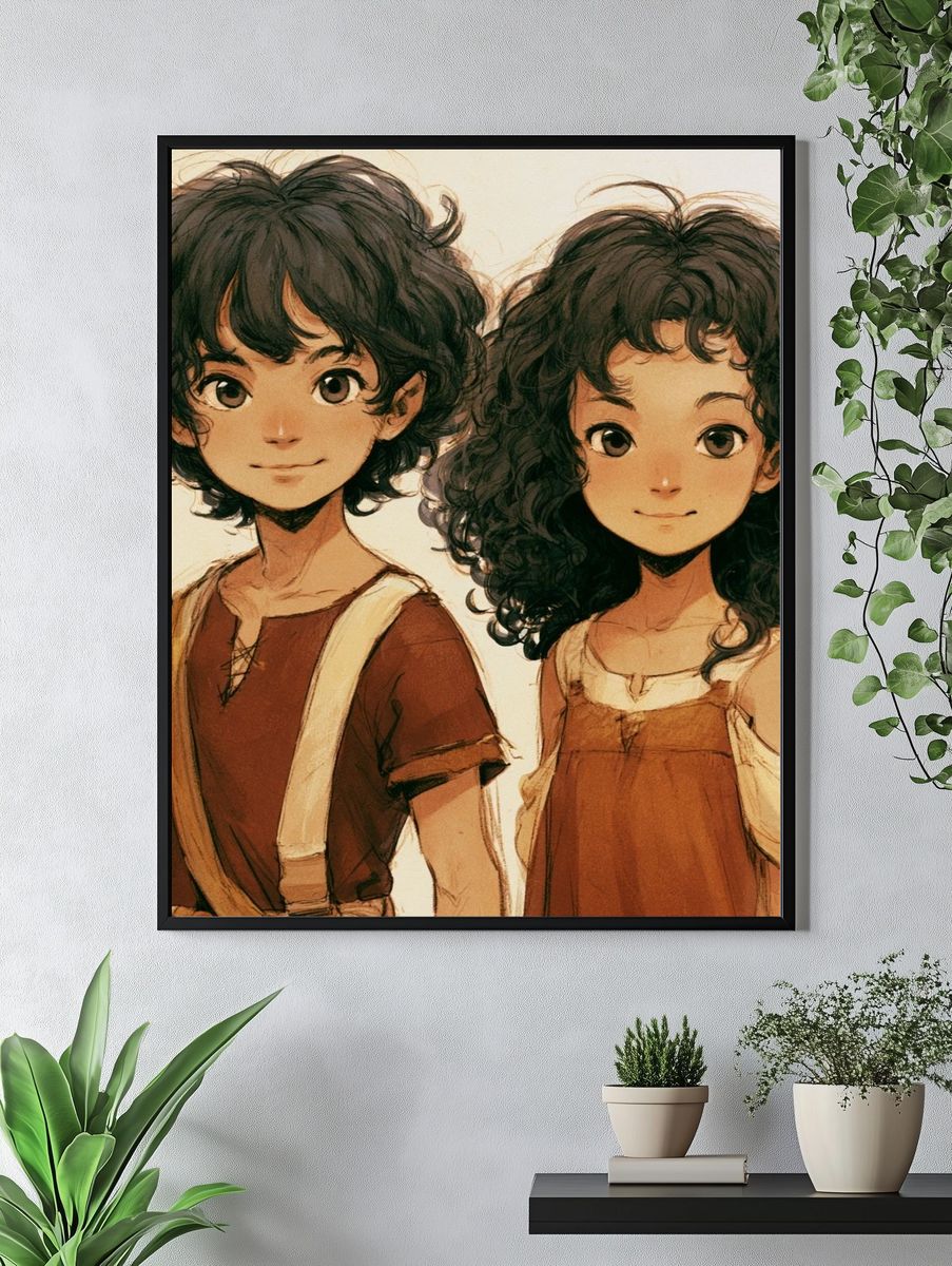 Curly-Haired Siblings Anime Print. — room view 4