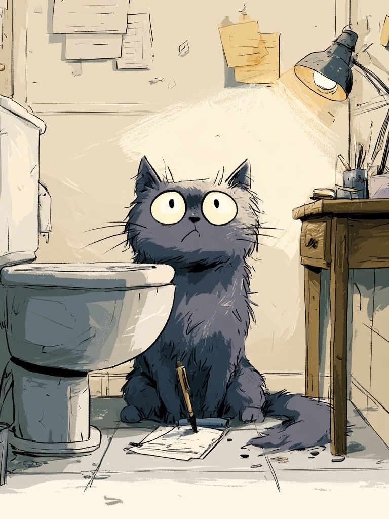 Cat in Bathroom Illustration Poster. poster detail