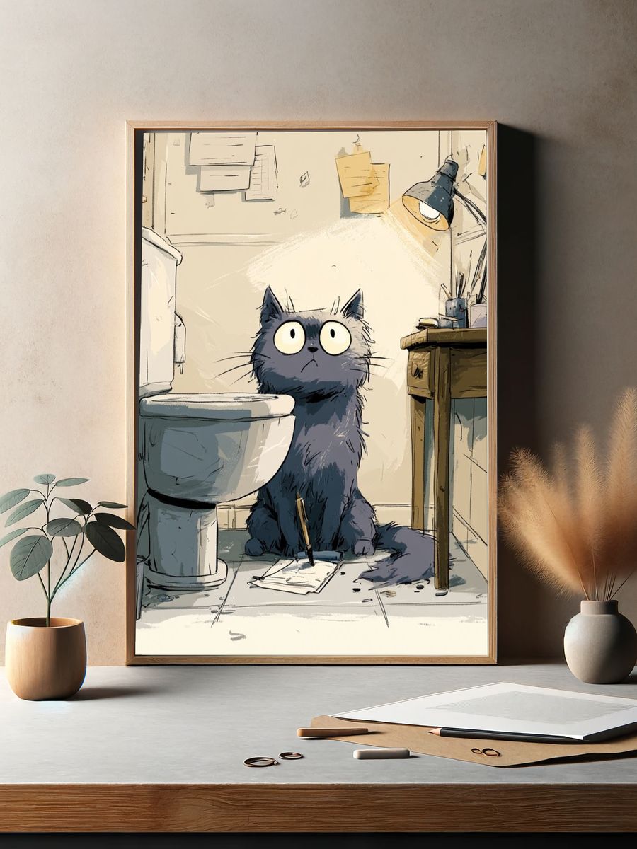 Cat in Bathroom Illustration Poster. — room view 2