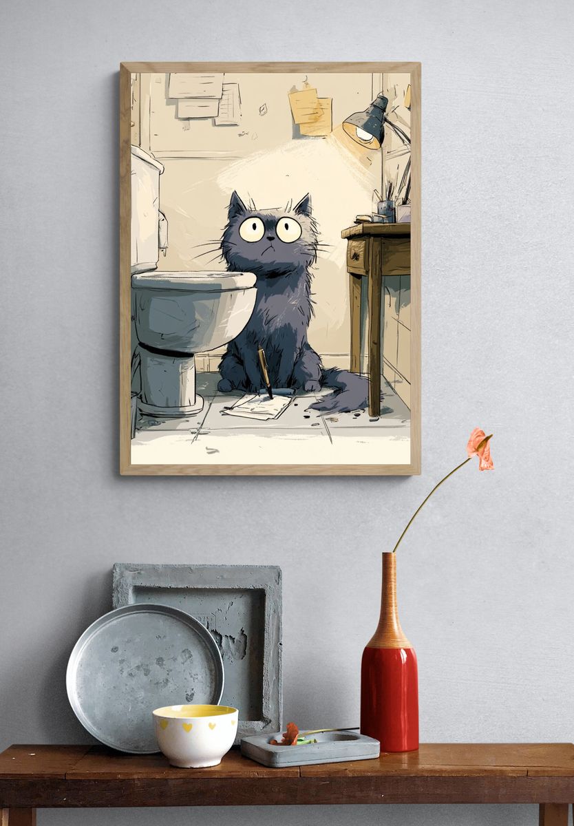Cat in Bathroom Illustration Poster. — room view 3