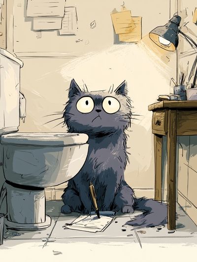 Cat in Bathroom Illustration Poster.