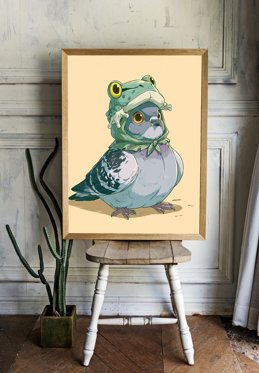 Frog Hat Pigeon Illustration Poster. room preview