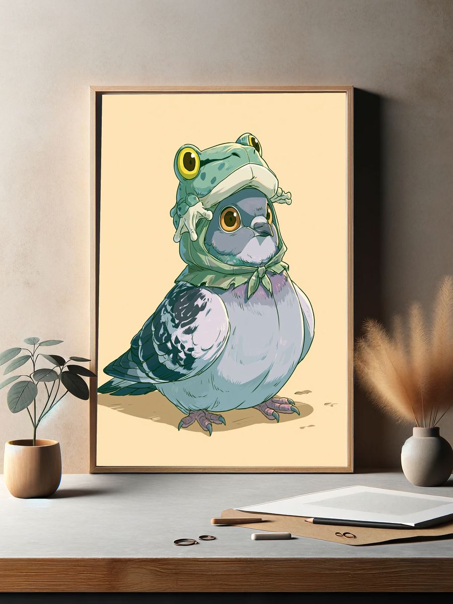 Frog Hat Pigeon Illustration Poster. — room view 2