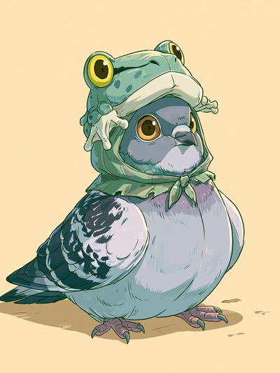 Frog Hat Pigeon Illustration Poster.