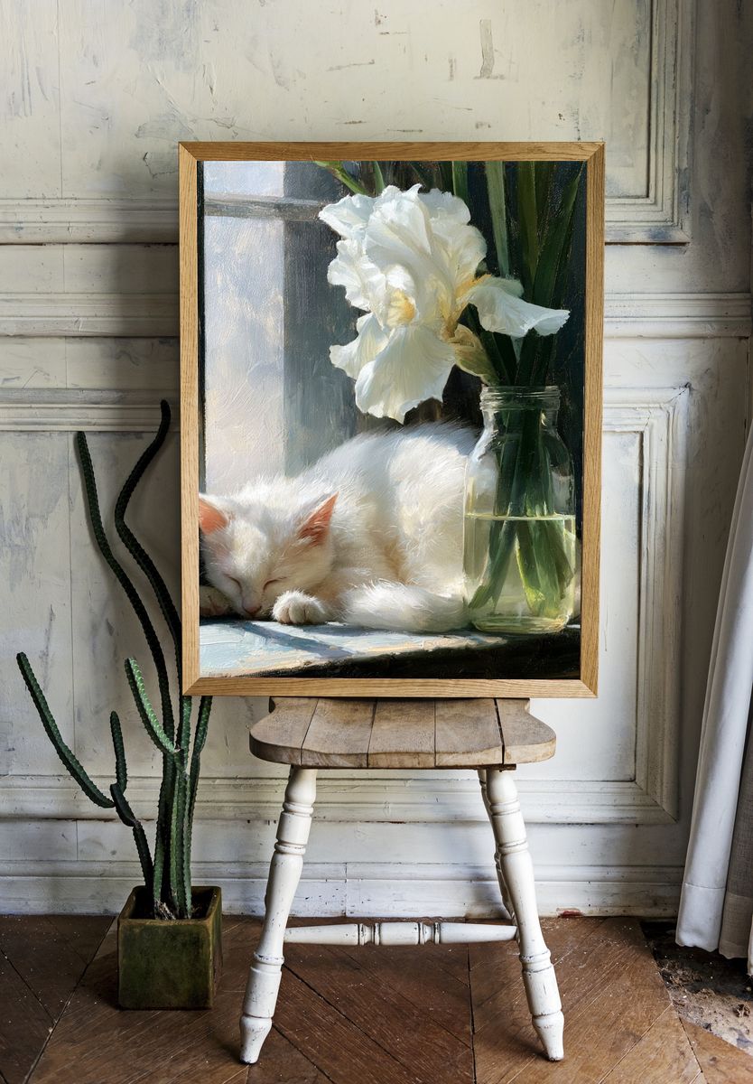 Sleeping White Cat Botanical Print. — room view 1