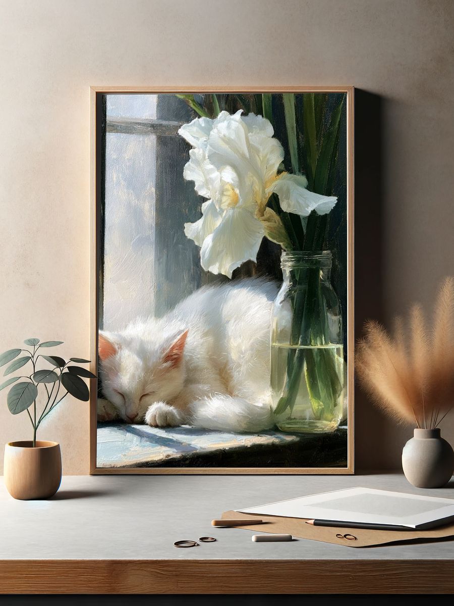 Sleeping White Cat Botanical Print. — room view 2