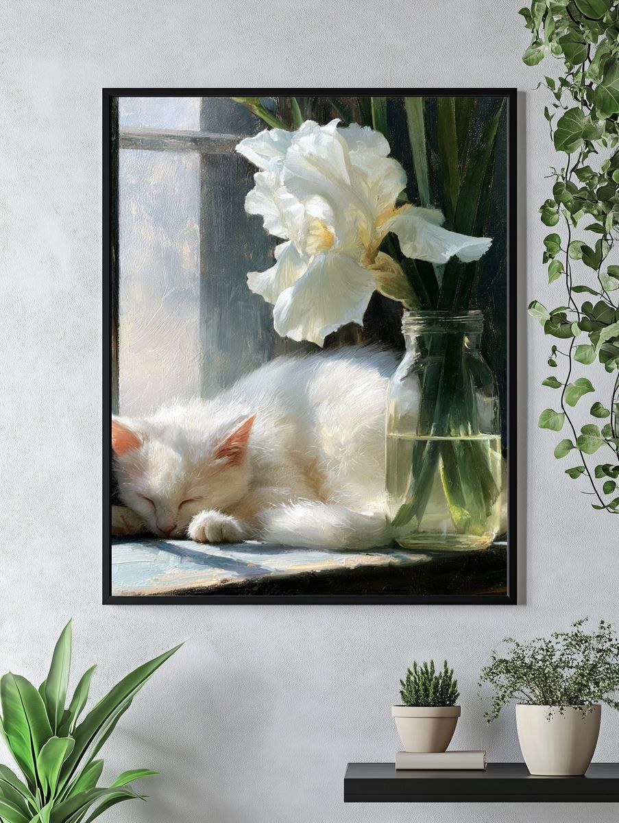 Sleeping White Cat Botanical Print. — room view 4
