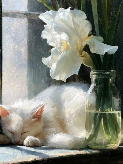 Sleeping White Cat Botanical Print.