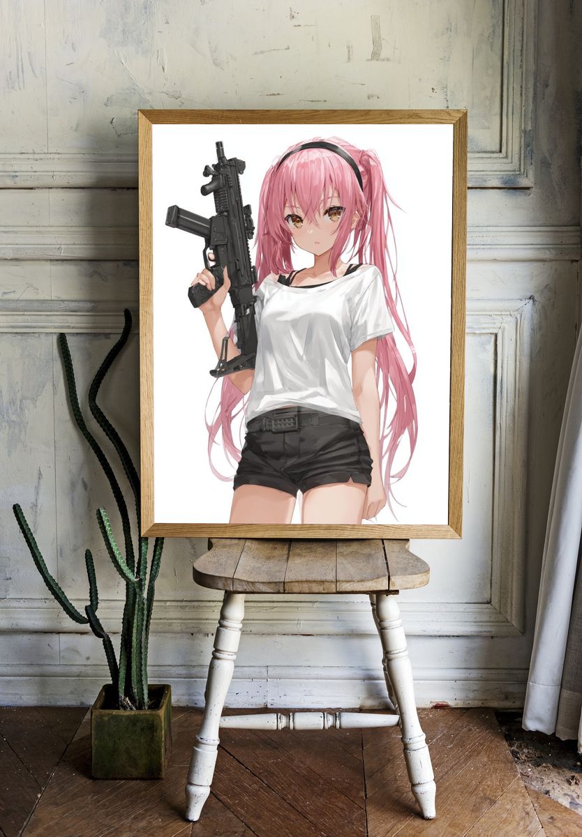 Pink-Haired Anime Girl with Rifle Poster. room preview