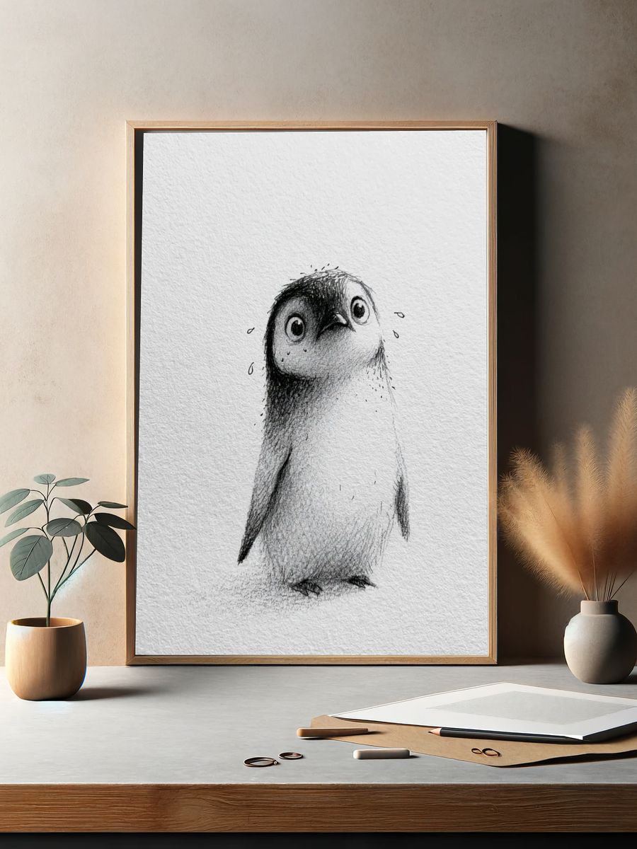 Shy Penguin Sketch Poster. — room view 2