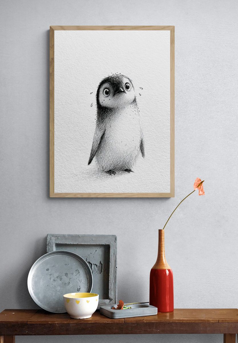 Shy Penguin Sketch Poster. — room view 3
