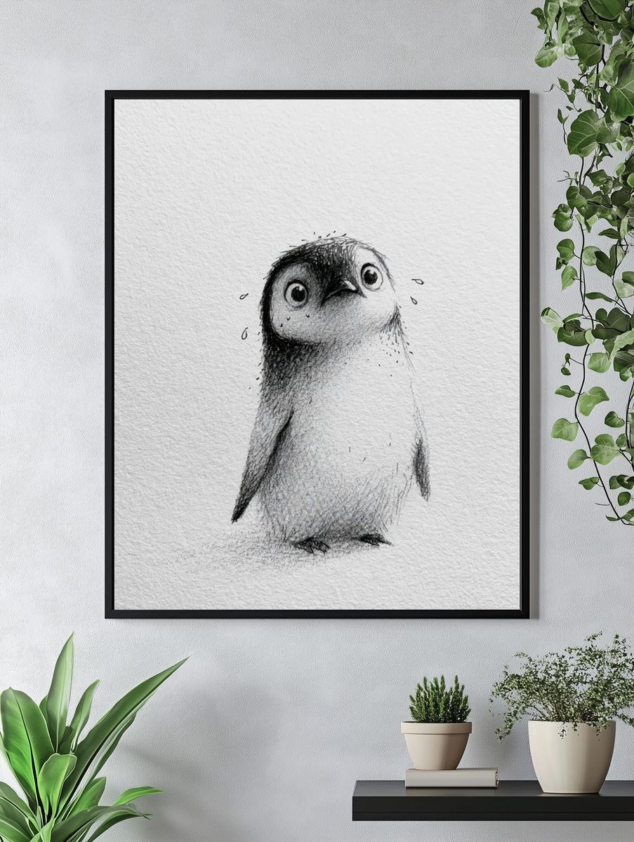Shy Penguin Sketch Poster. — room view 4