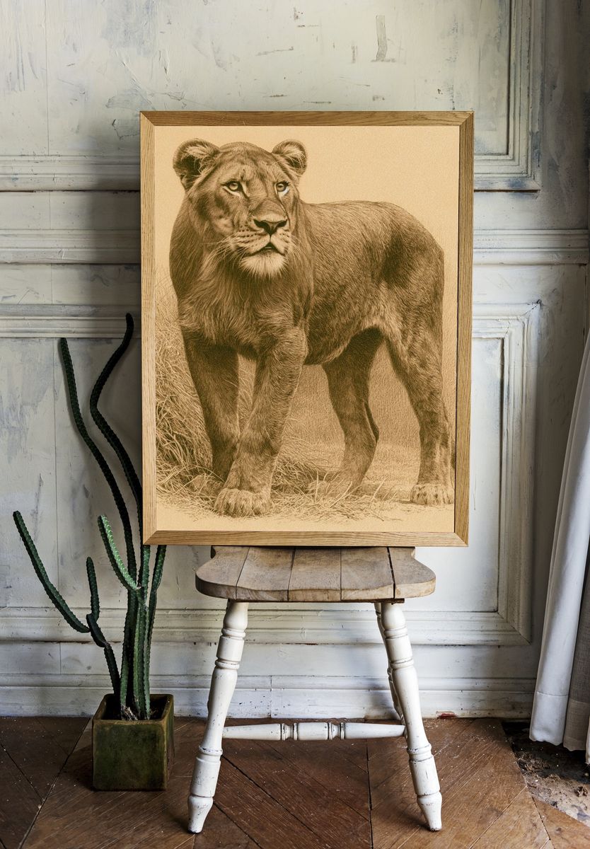 Lioness Sepia Wildlife Poster. room preview