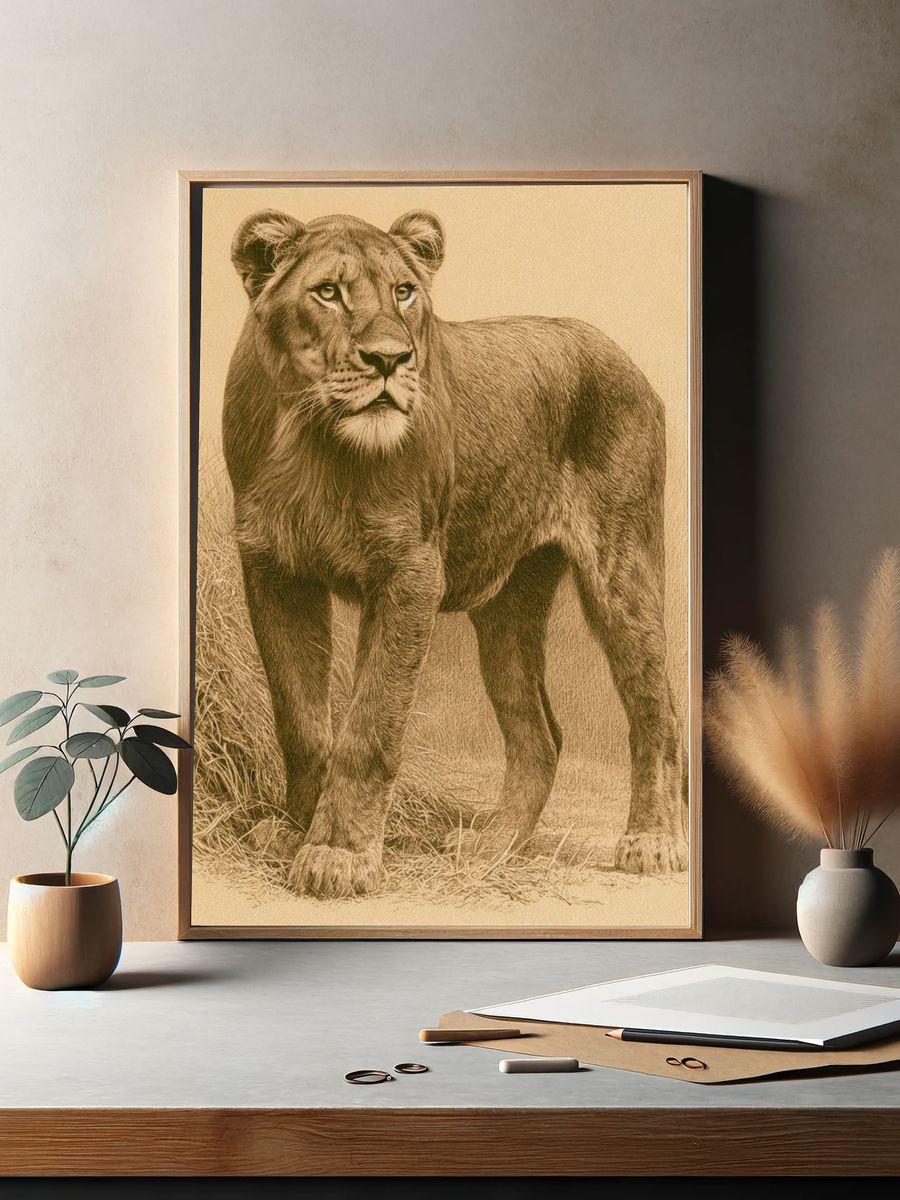 Lioness Sepia Wildlife Poster. — room view 2