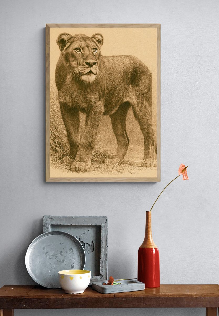 Lioness Sepia Wildlife Poster. — room view 3