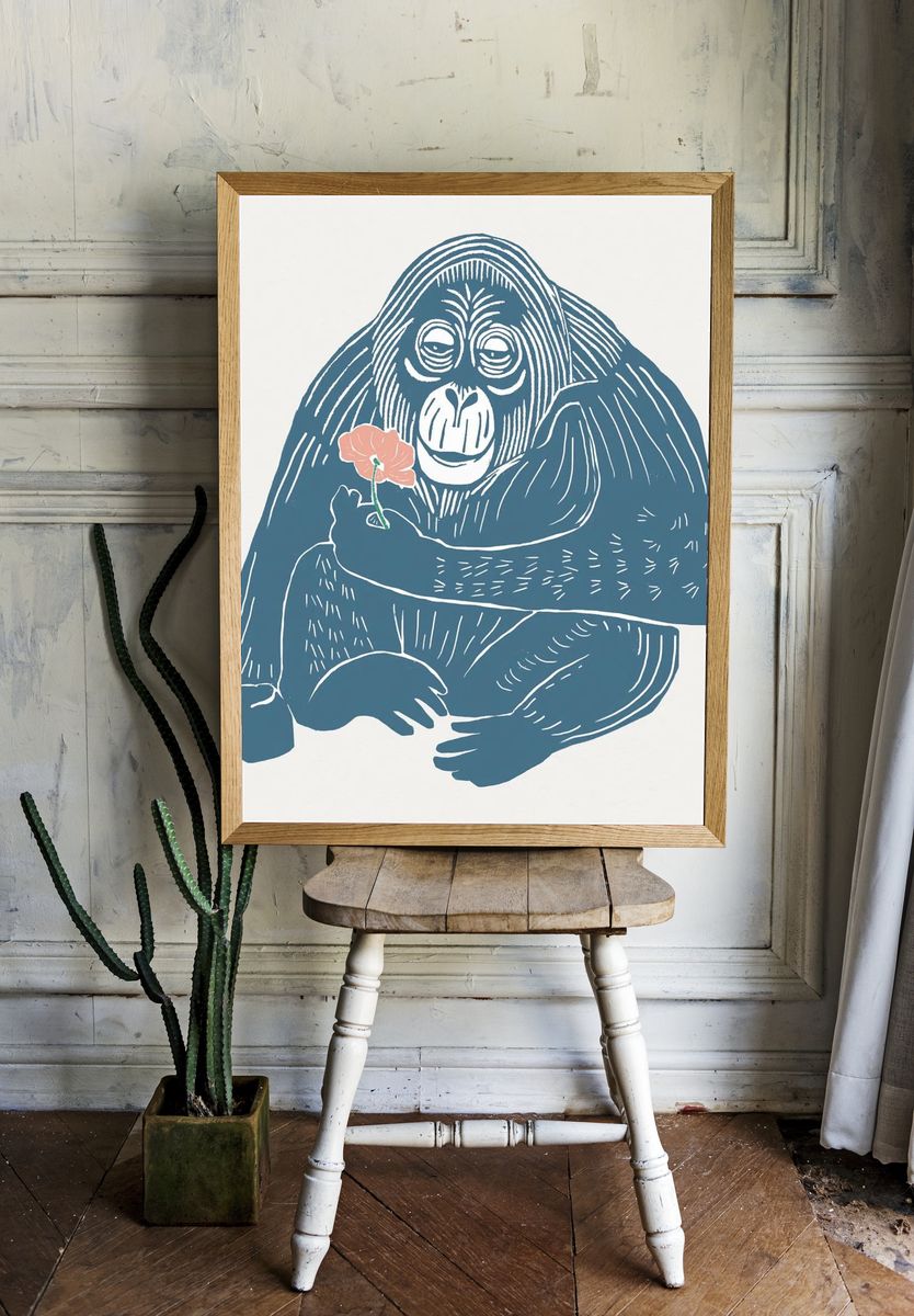 Orangutan with Flower Illustration Poster. — room view 1