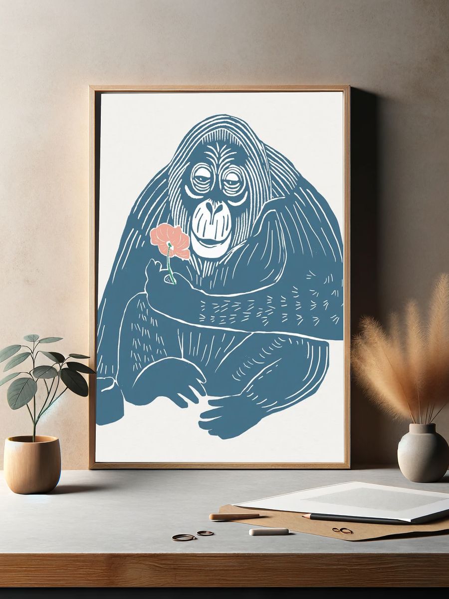 Orangutan with Flower Illustration Poster. — room view 2