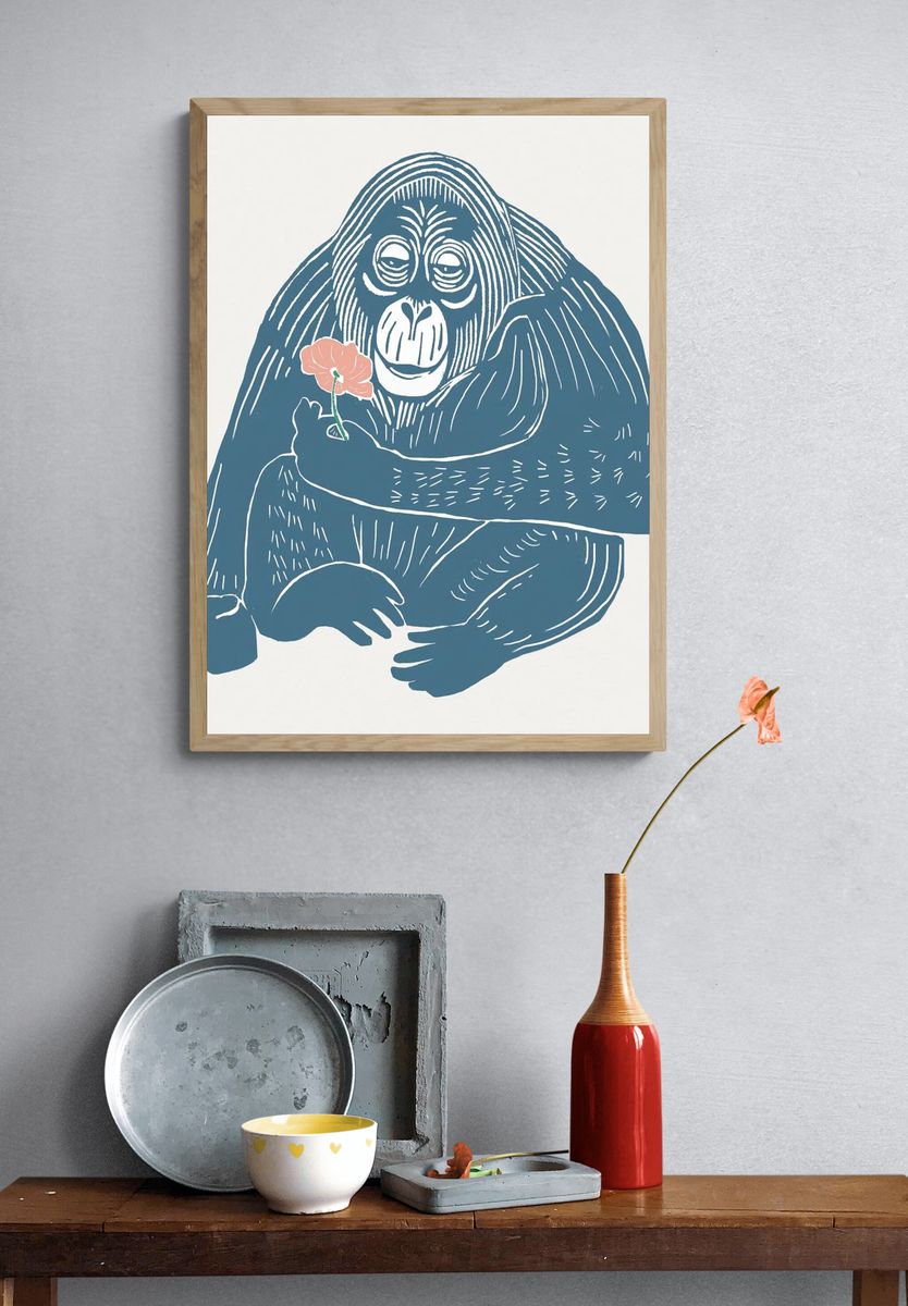 Orangutan with Flower Illustration Poster. — room view 3