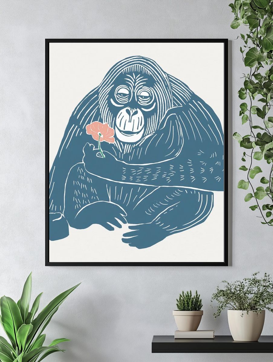 Orangutan with Flower Illustration Poster. — room view 4