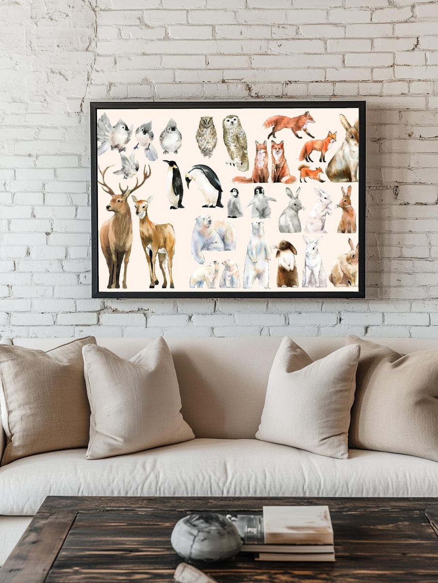 Hand-drawn wildlife set watercolor style. room preview