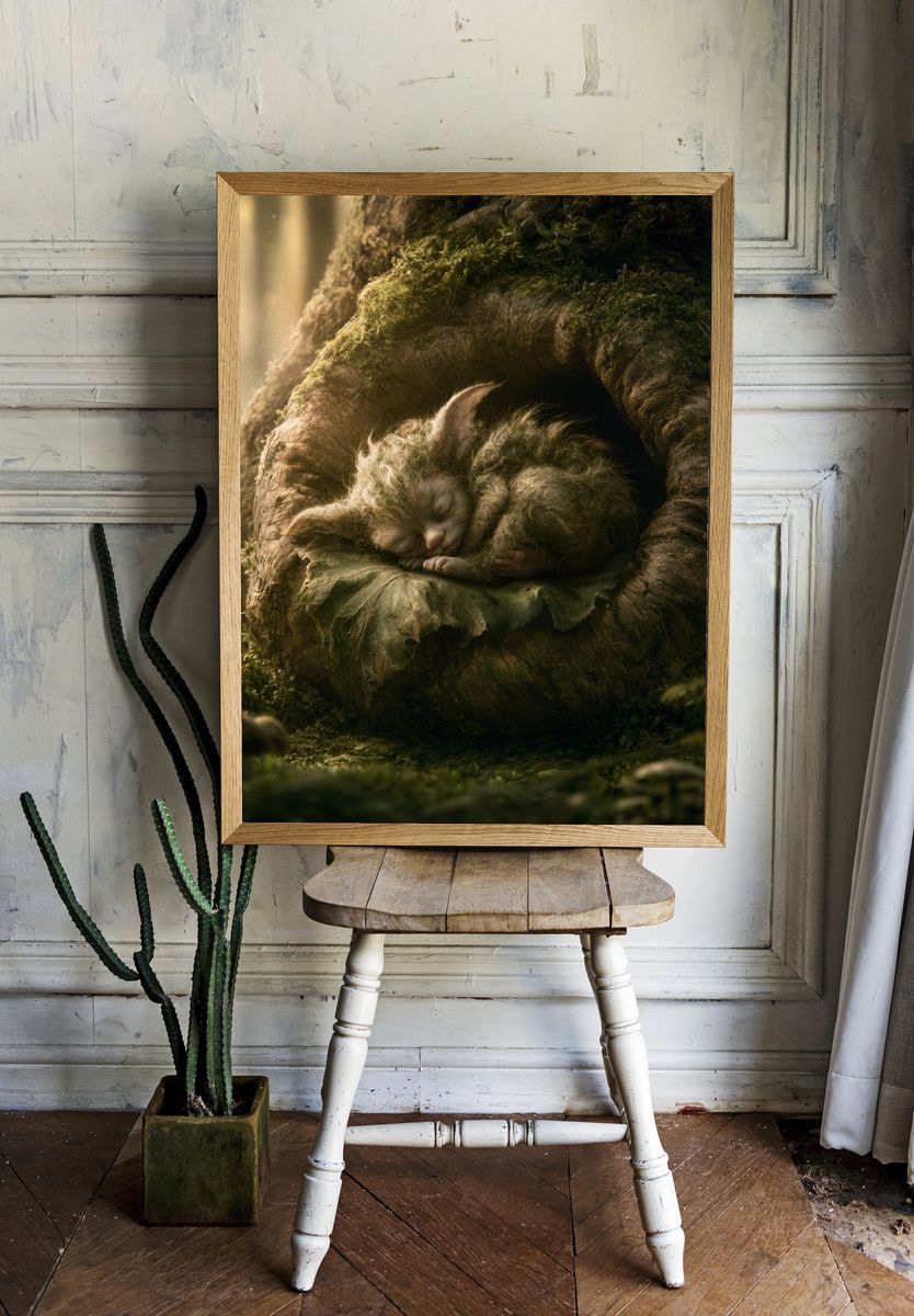 Sleeping Forest Kitten Illustration Poster. — room view 1