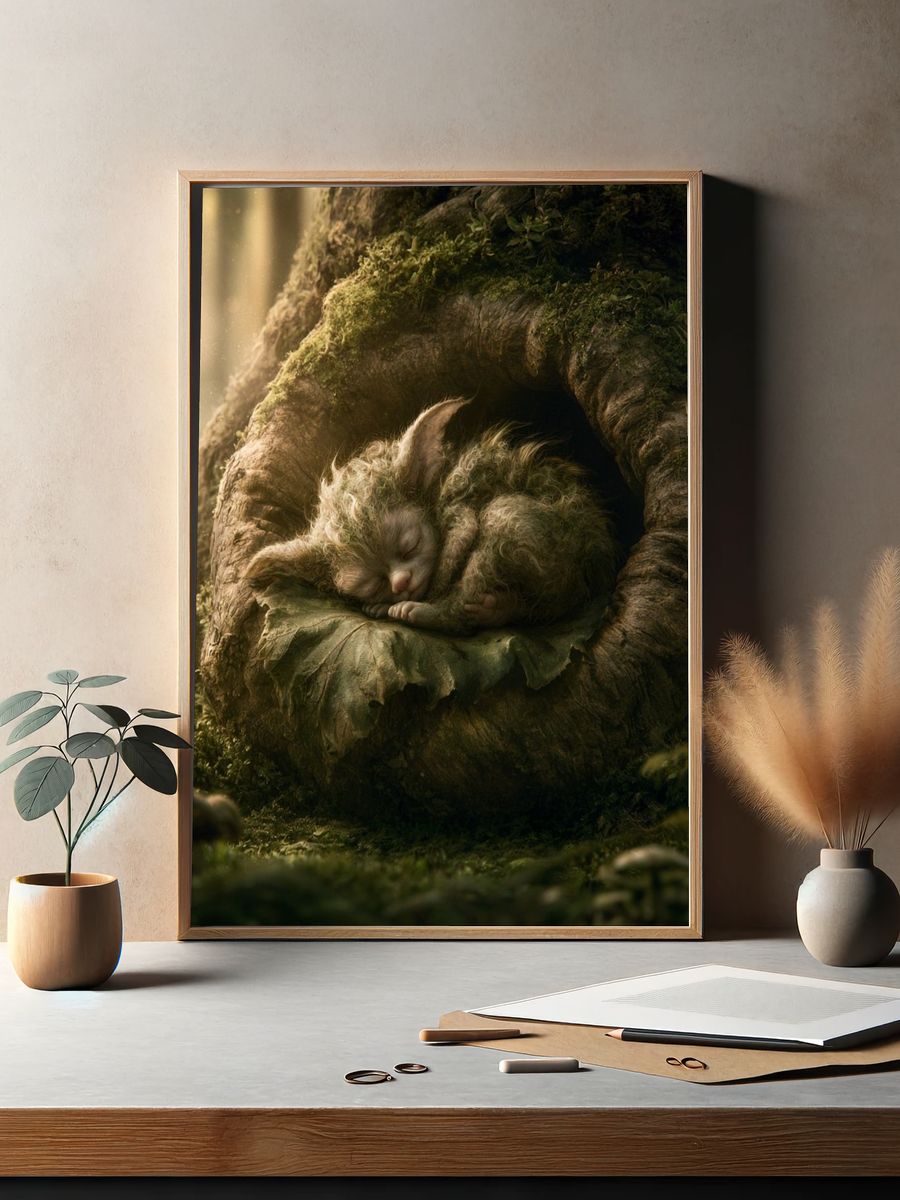 Sleeping Forest Kitten Illustration Poster. — room view 2