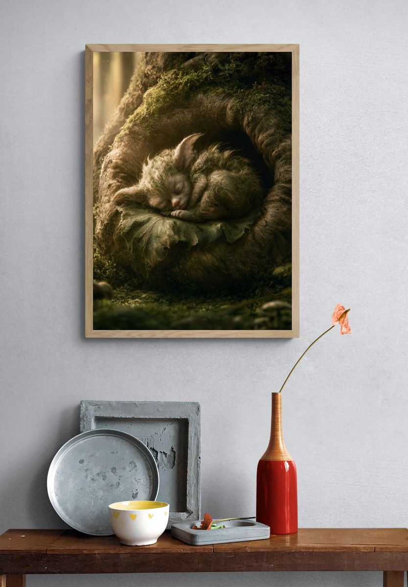 Sleeping Forest Kitten Illustration Poster. — room view 3