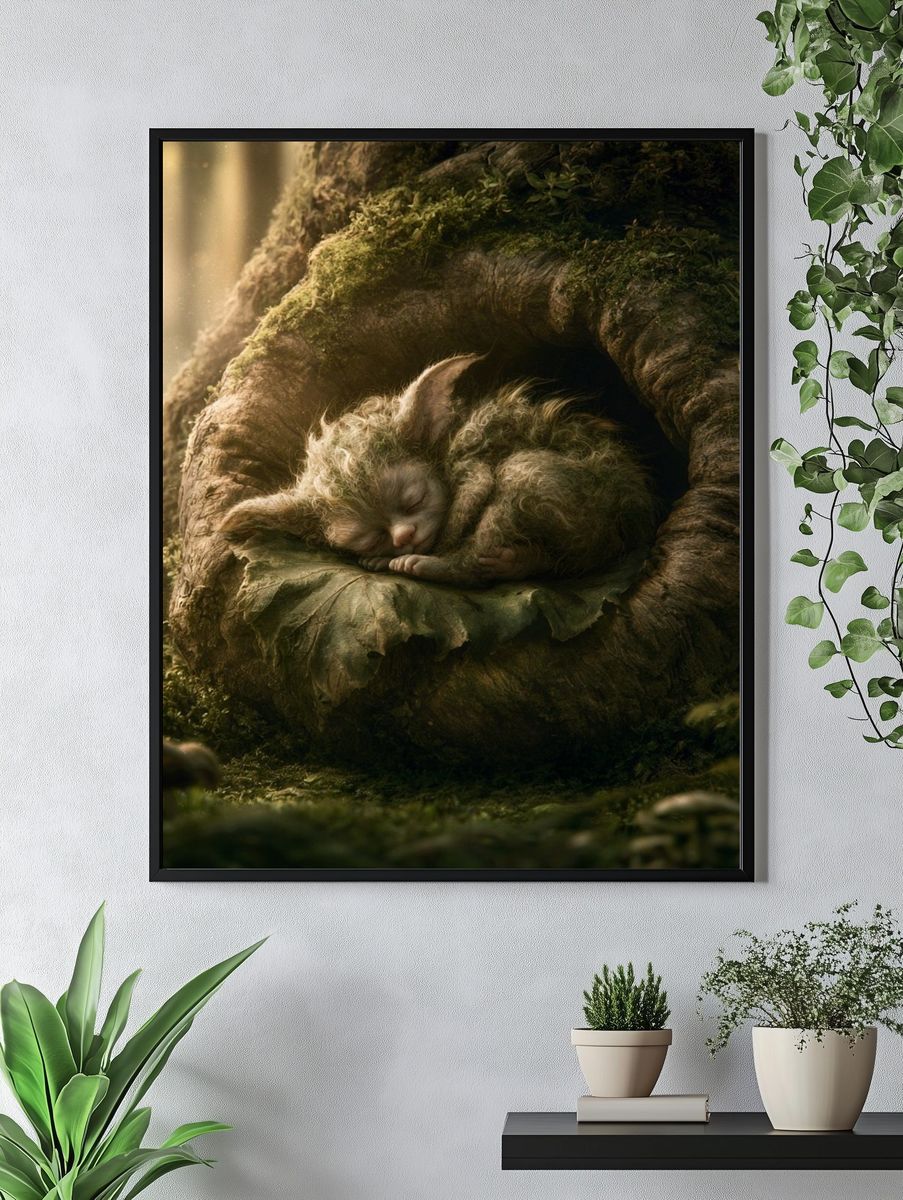 Sleeping Forest Kitten Illustration Poster. — room view 4