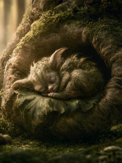Sleeping Forest Kitten Illustration Poster. poster