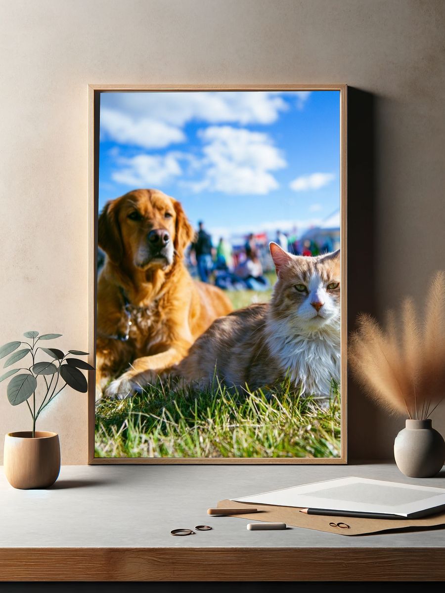 Dog and Cat Meadow Portrait Poster. — room view 2