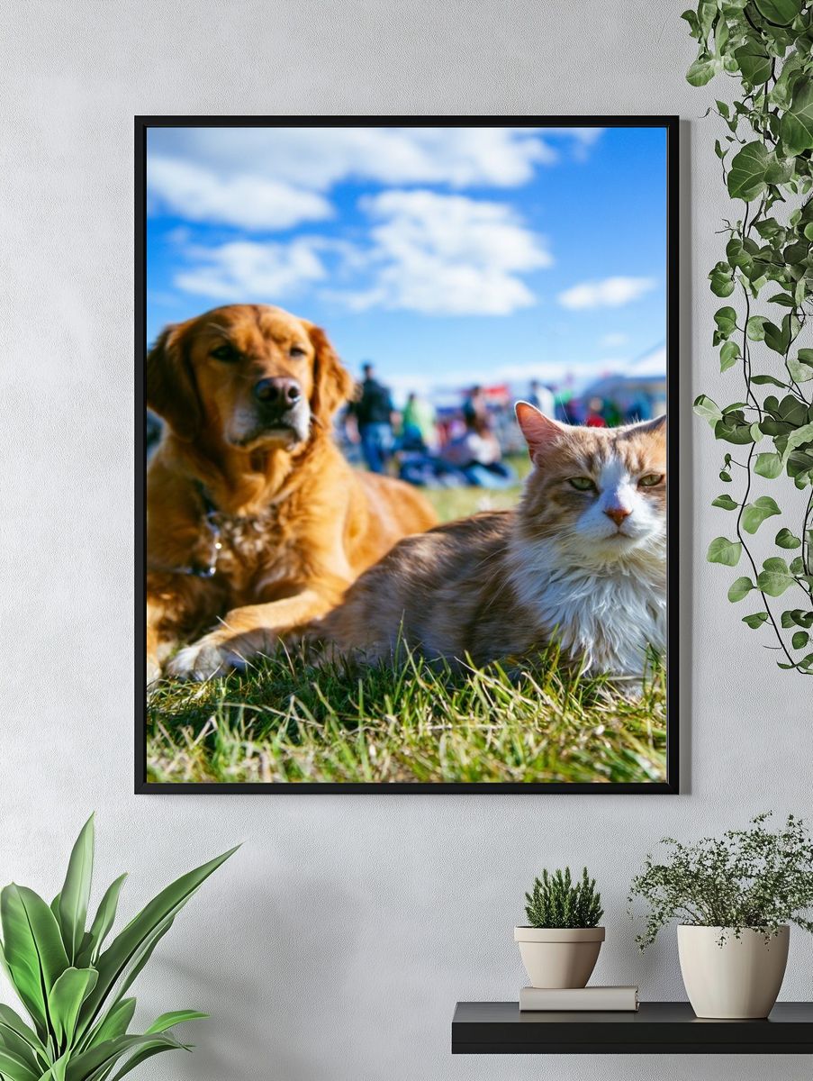 Dog and Cat Meadow Portrait Poster. — room view 4