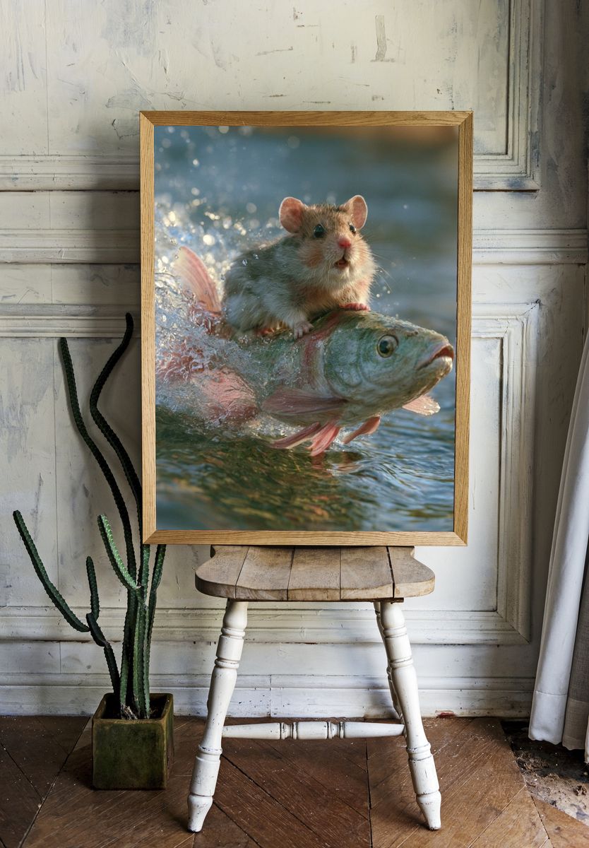 Mouse Riding Fish Photography Poster. room preview