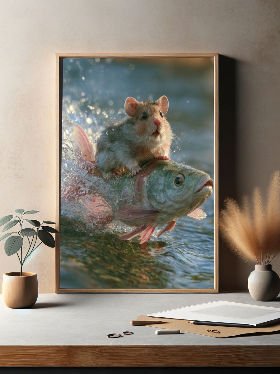 Mouse Riding Fish Photography Poster. — room view 2