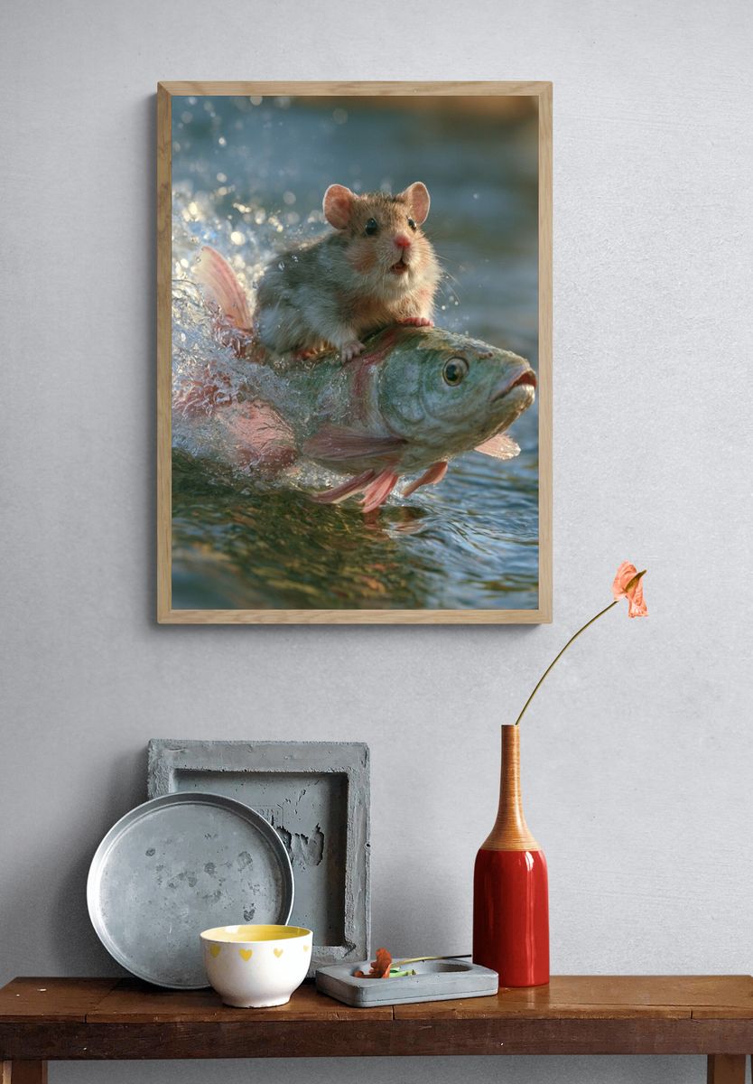 Mouse Riding Fish Photography Poster. — room view 3