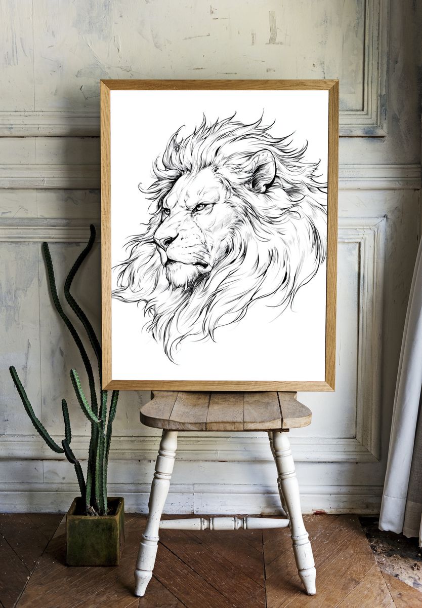 Lion Head Line Art Poster. — room view 1