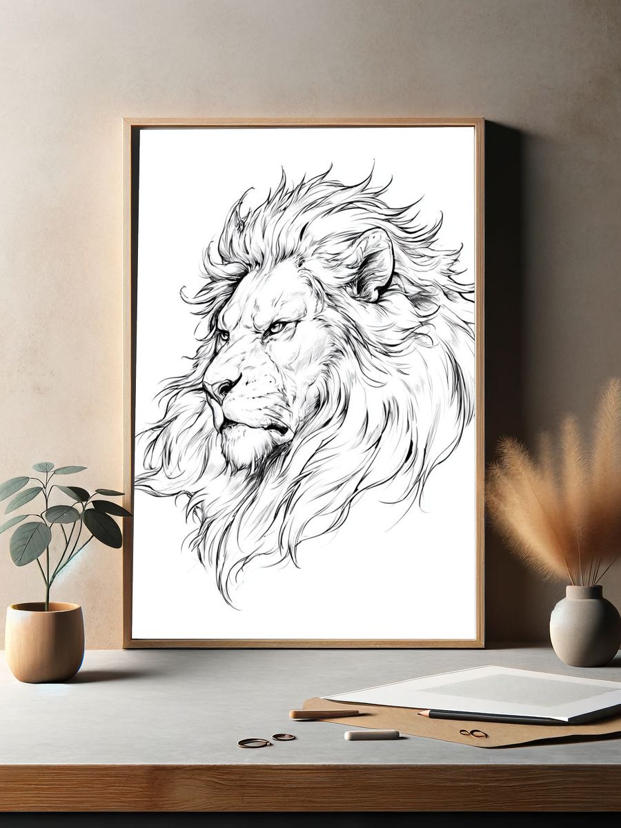Lion Head Line Art Poster. — room view 2