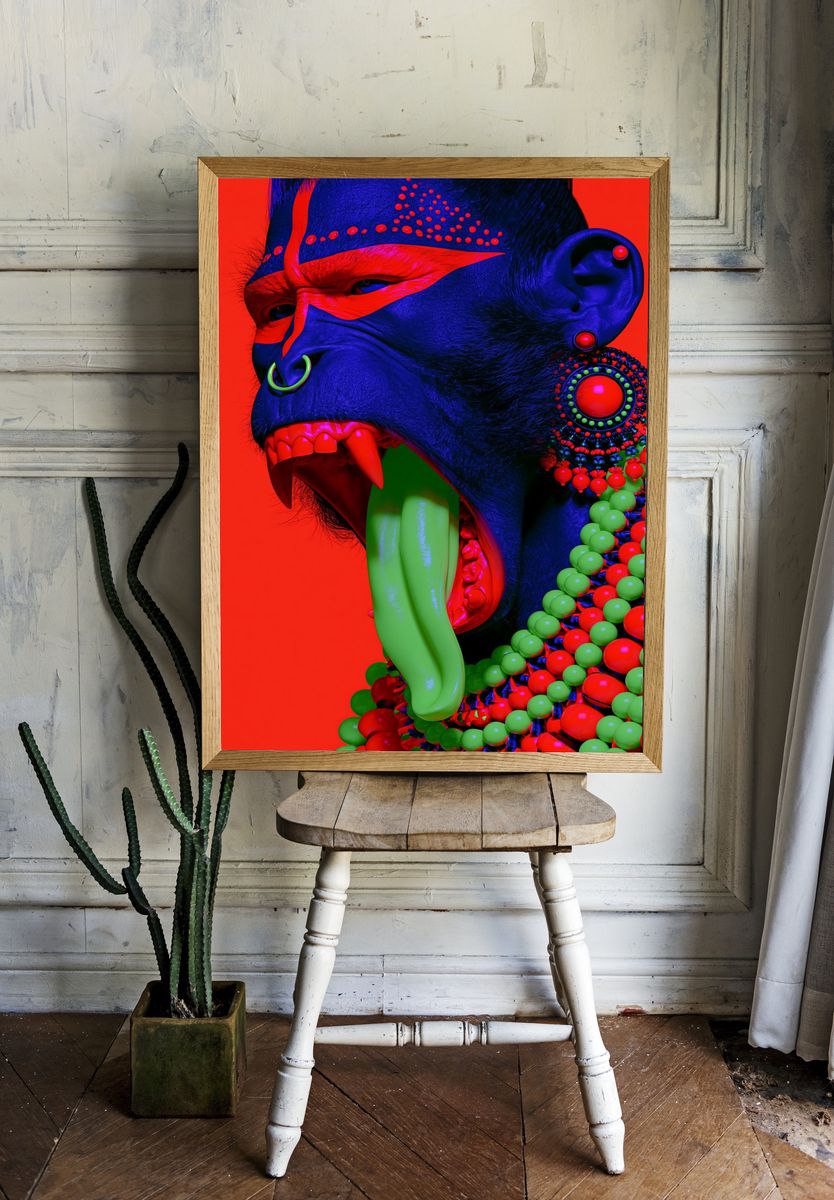 Neon Tribal Gorilla Portrait Print. — room view 1