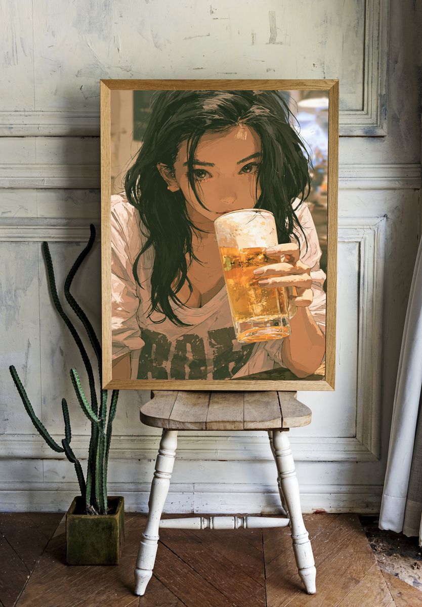Beer Girl Portrait Illustration Poster. — room view 1