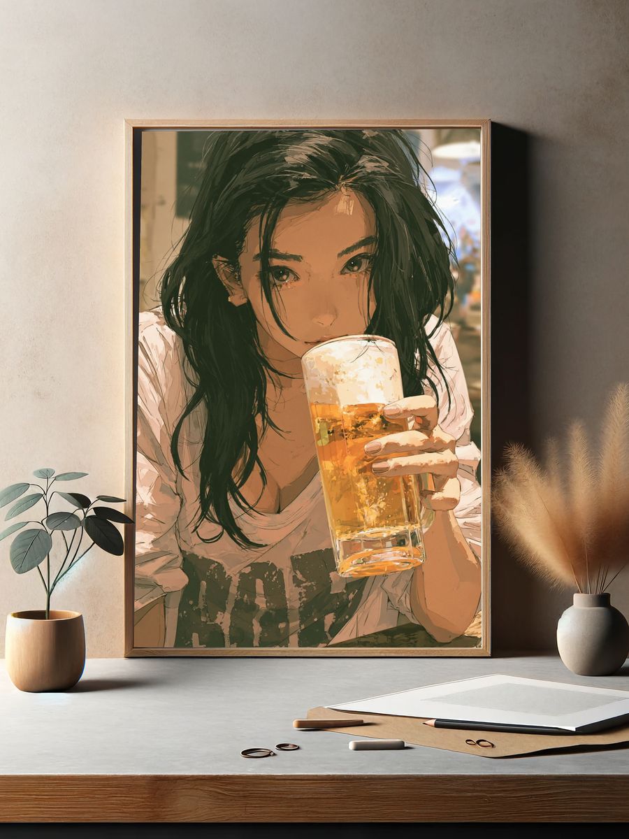 Beer Girl Portrait Illustration Poster. — room view 2