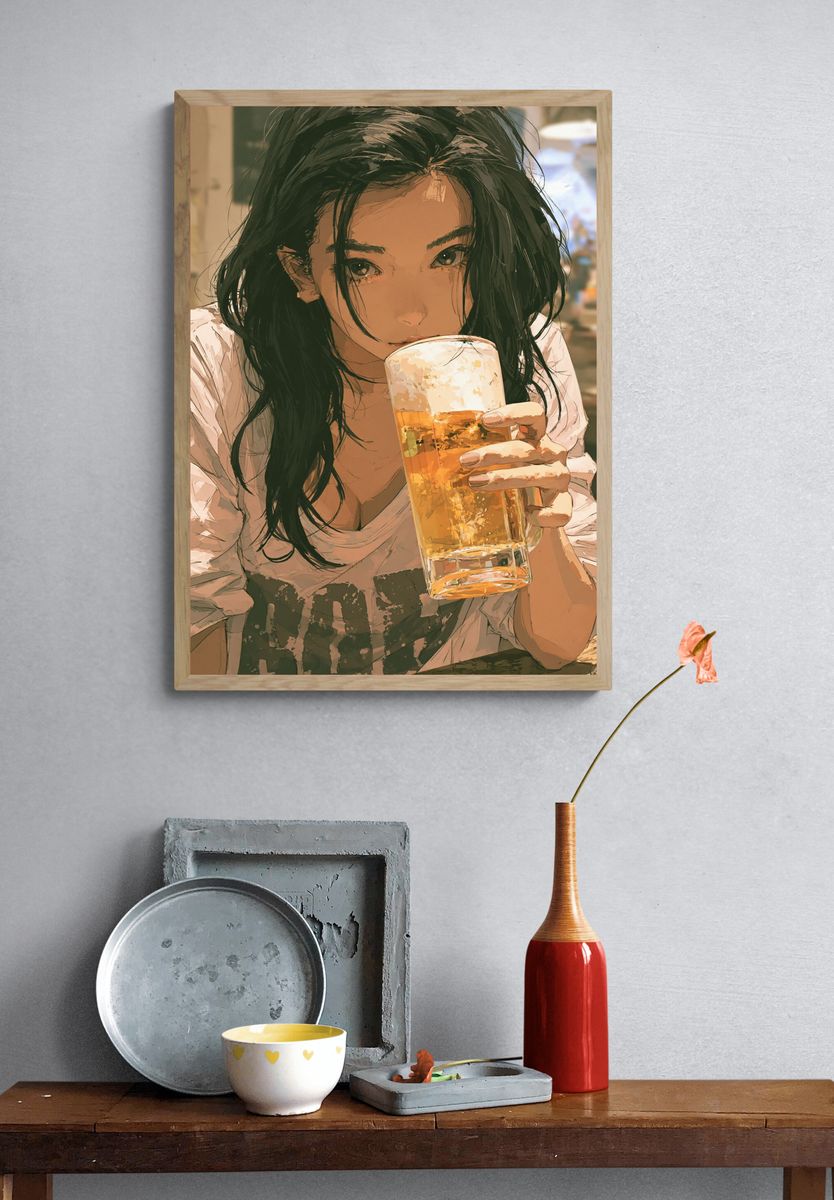 Beer Girl Portrait Illustration Poster. — room view 3