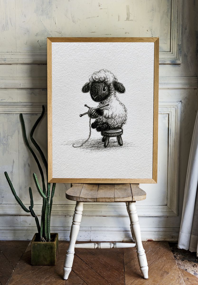 Sheep Knitting Sketch Poster. — room view 1