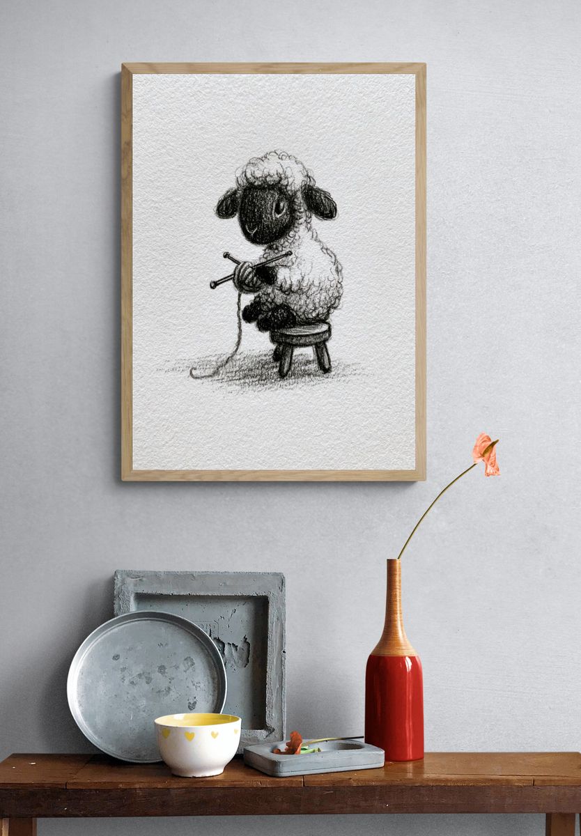 Sheep Knitting Sketch Poster. — room view 3