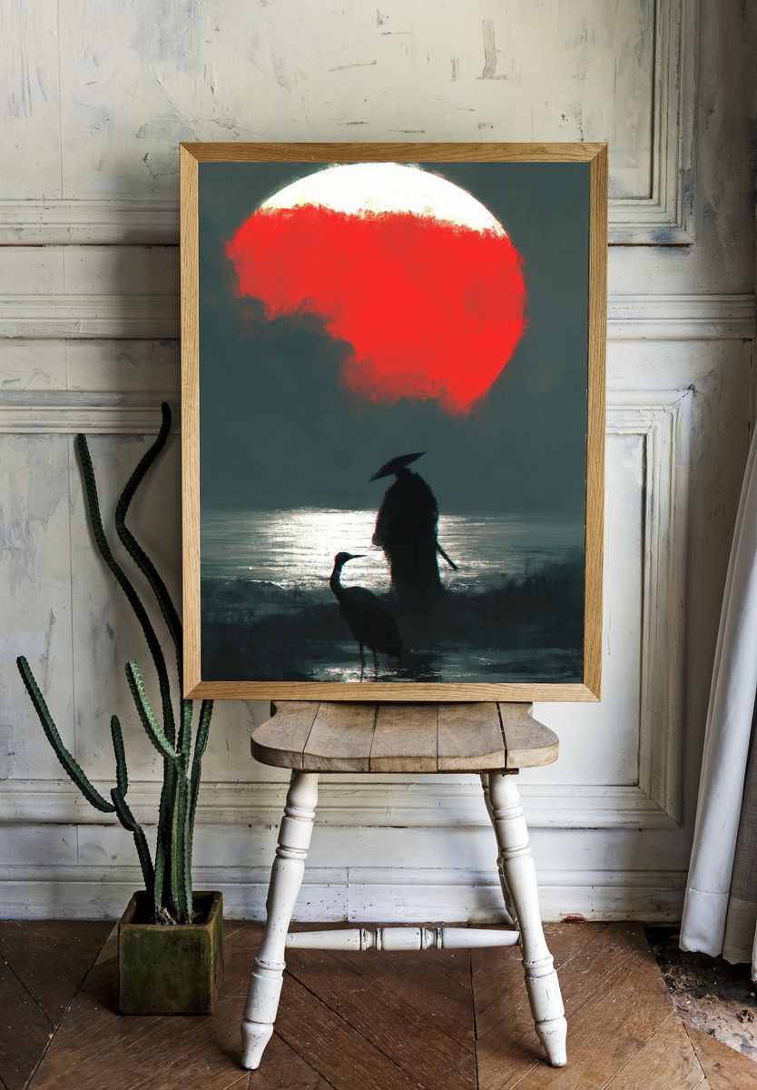 Crimson Moon Heron Poster. room preview
