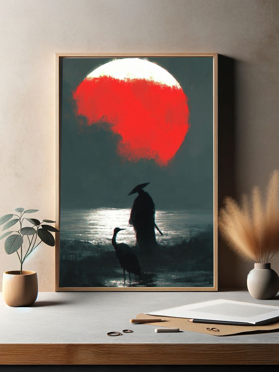 Crimson Moon Heron Poster. — room view 2