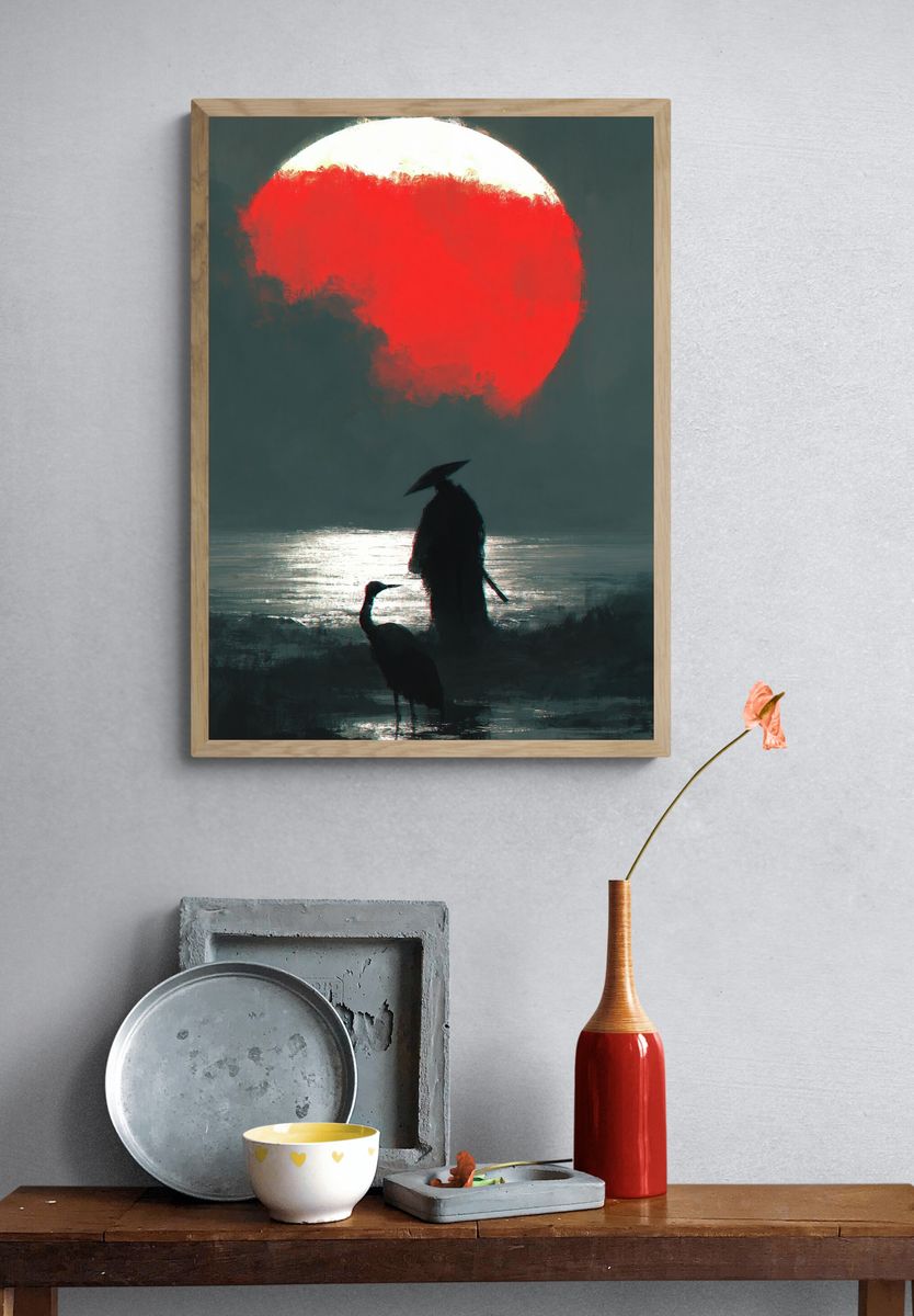 Crimson Moon Heron Poster. — room view 3