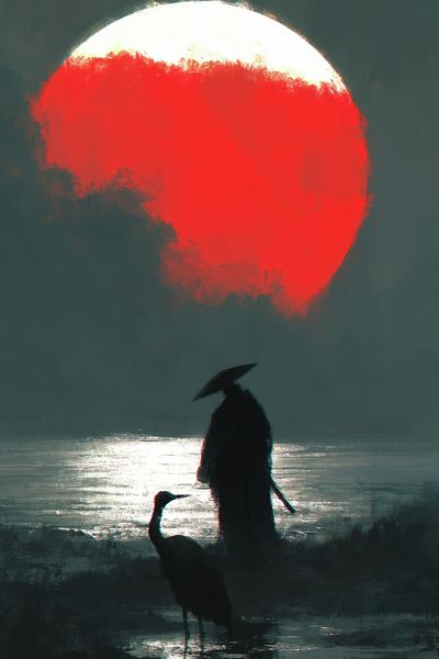 Crimson Moon Heron Poster.