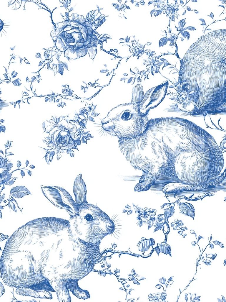 Blue Rabbit Toile Pattern Print. poster detail